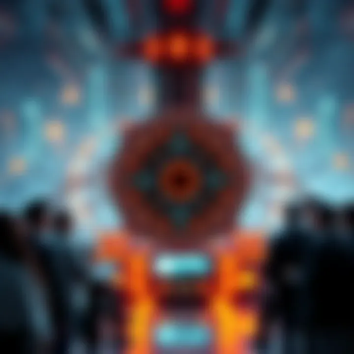 A futuristic depiction of Trvth Nuke technology with glowing circuits and digital displays, surrounded by people discussing its potential impact.