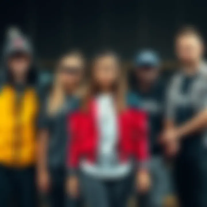 Group of people with typical tryhard fashion A diverse group of individuals wearing trendy athletic and street style clothing, showing a mix of serious and competitive expressions.