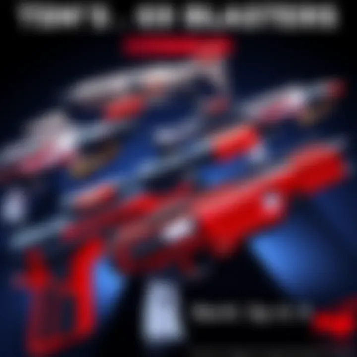 TSM's Ep 69 Blasters A display of TSM's Ep 69 blasters showing a mix of large and curved designs with red accents, reflecting the 1.0 and 2.0 styles.