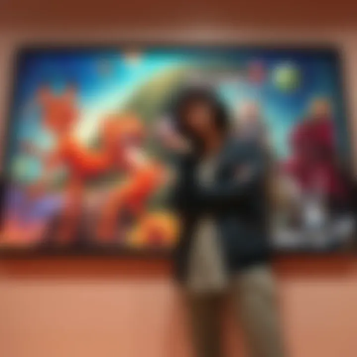 Tsuki Amano stands next to a vibrant artwork from Final Fantasy 2, showcasing characters and fantasy elements.