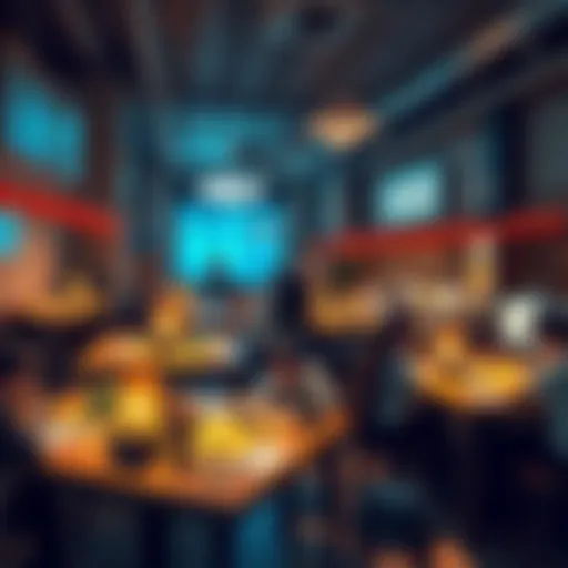 A vibrant gaming space with tables set up for tabletop role-playing games, featuring colorful terrain and miniatures. People gather to play games in a cozy atmosphere.