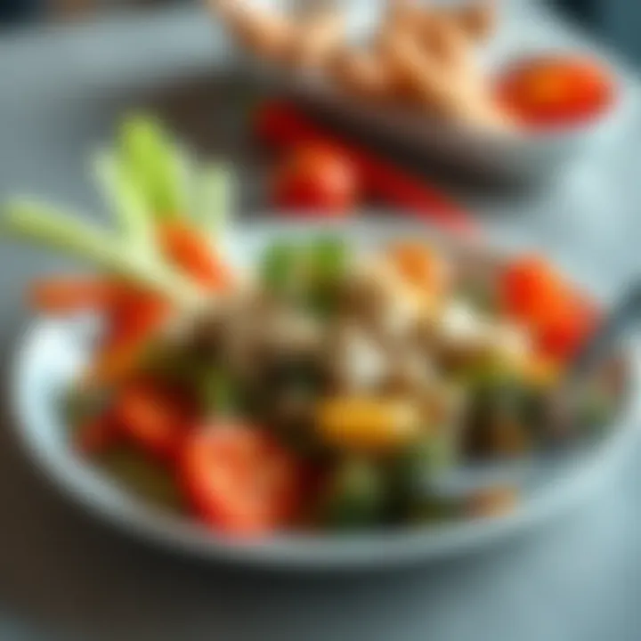 Simple Meal of Tuna and Vegetables A plate of stir fry vegetables with tuna, representing affordable meals for wage workers.