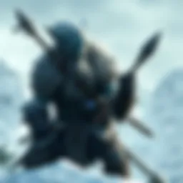 A fierce Tundra Tiefling warrior with icy blue skin, clad in fur and leather armor, holding a spear in a snowy landscape