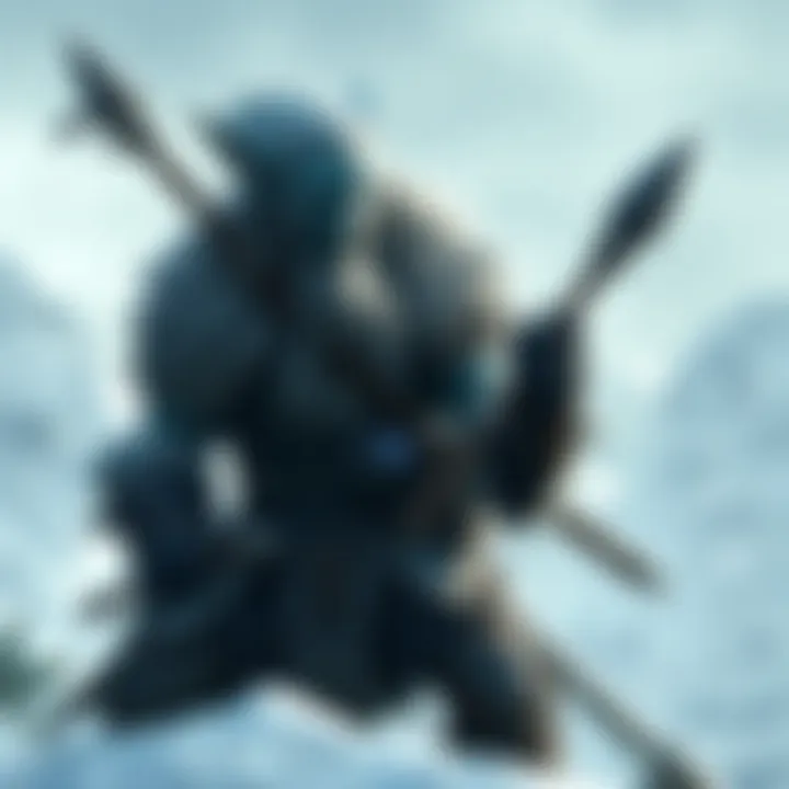 A fierce Tundra Tiefling warrior with icy blue skin, clad in fur and leather armor, holding a spear in a snowy landscape