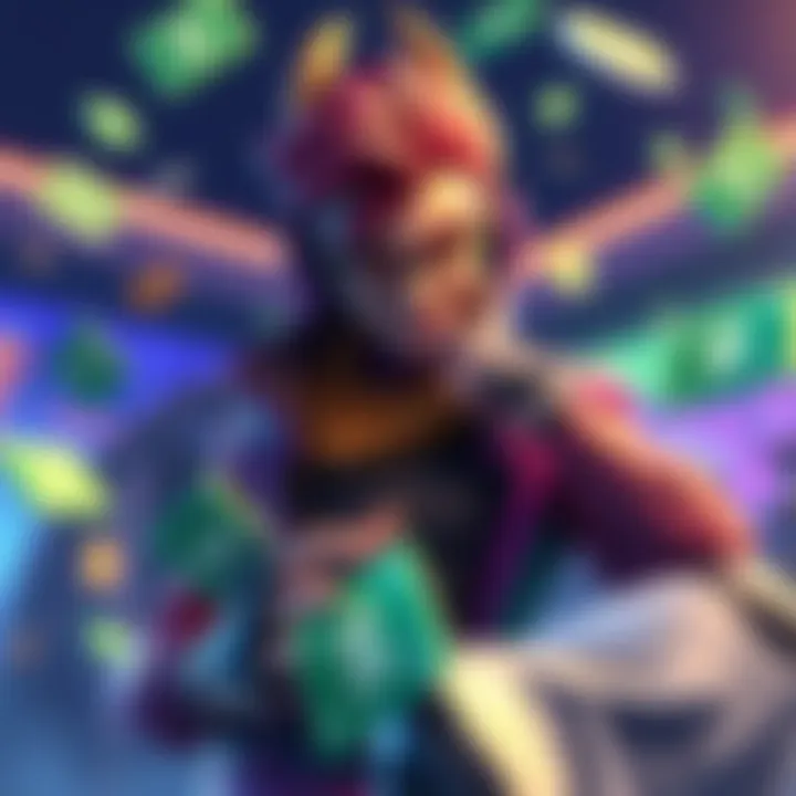 A vibrant scene showcasing the new character Tung, a colorful and dynamic playable skin in a gaming environment, along with V-Bucks floating around, emphasizing their price increase this season.