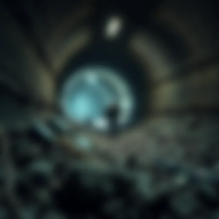 A person crawls through debris in a dimly lit tunnel, trying to find a way out after a collapse.