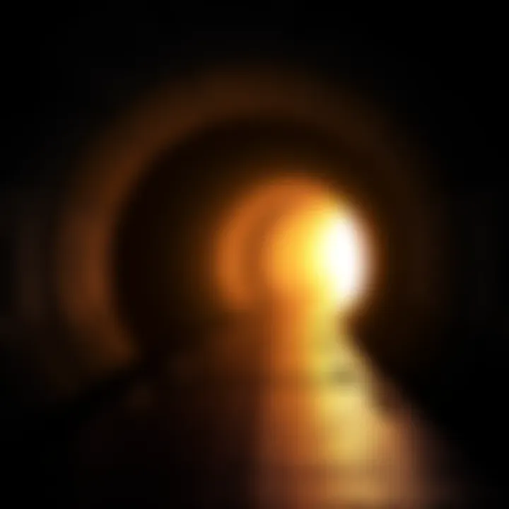 A dark tunnel leading to a bright light at the end, with shadows and textures on the walls