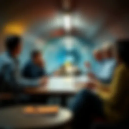 A group of people debating the rules of tunneling in a casual setting, with papers and charts laid out on a table, showcasing various opinions.