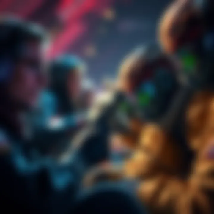 Players using tunneling strategies in a game A group of players in a video game, with one player targeting another based on offerings, showing expressions of strategy and focus.