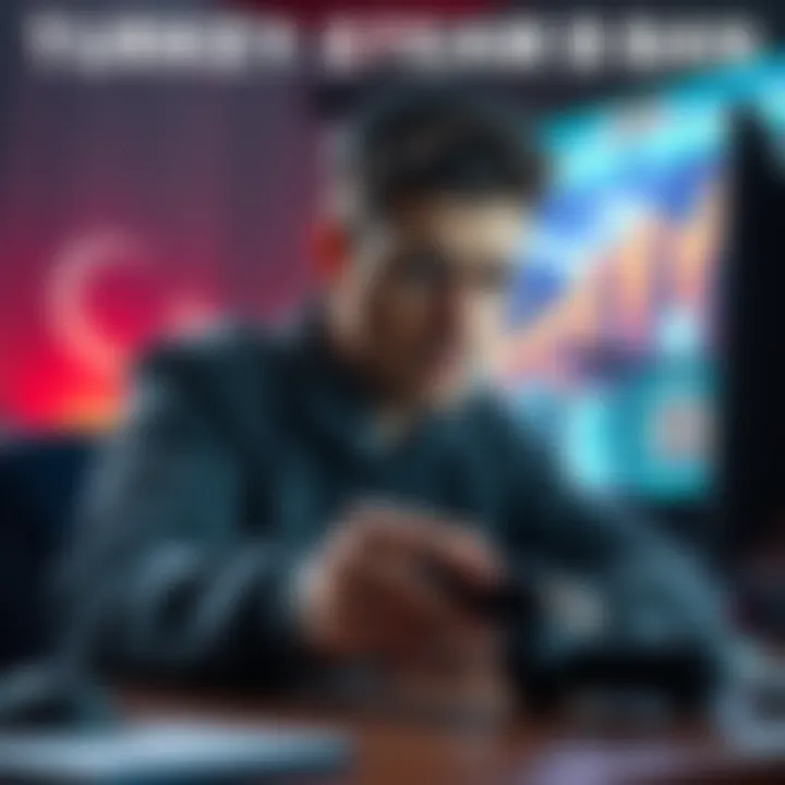 A gamer looks worried while checking news about potential Steam ban in Turkey, with a computer and game controller in the foreground.