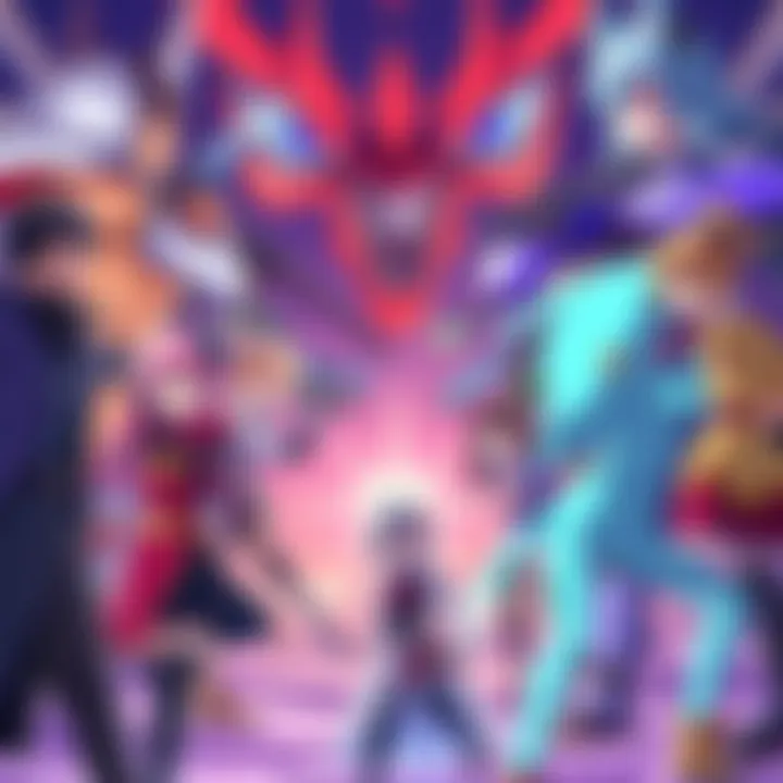 Various colorful anime-style characters in a turn-based battle scene, inspired by games like Persona