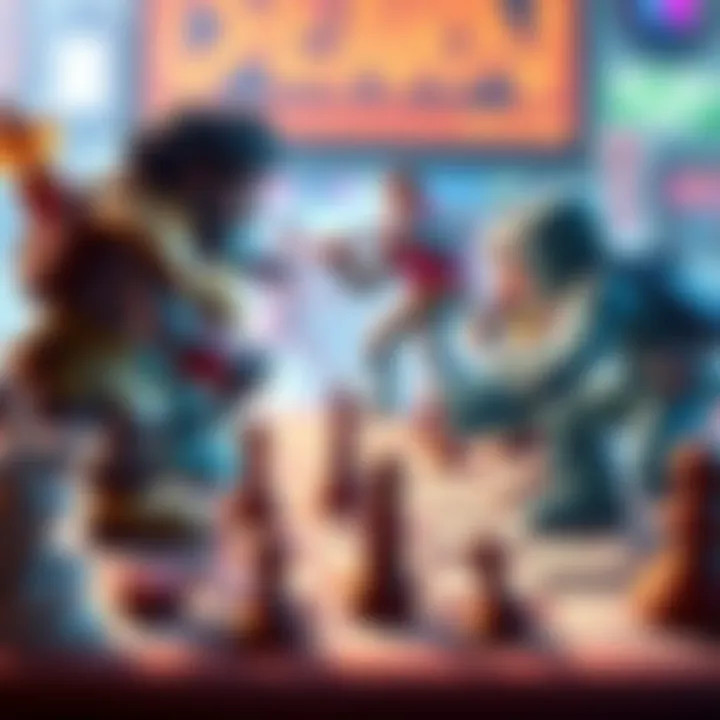 Turn-Based Game Characters Colorful turn-based game characters engaging in a strategic battle on a game board