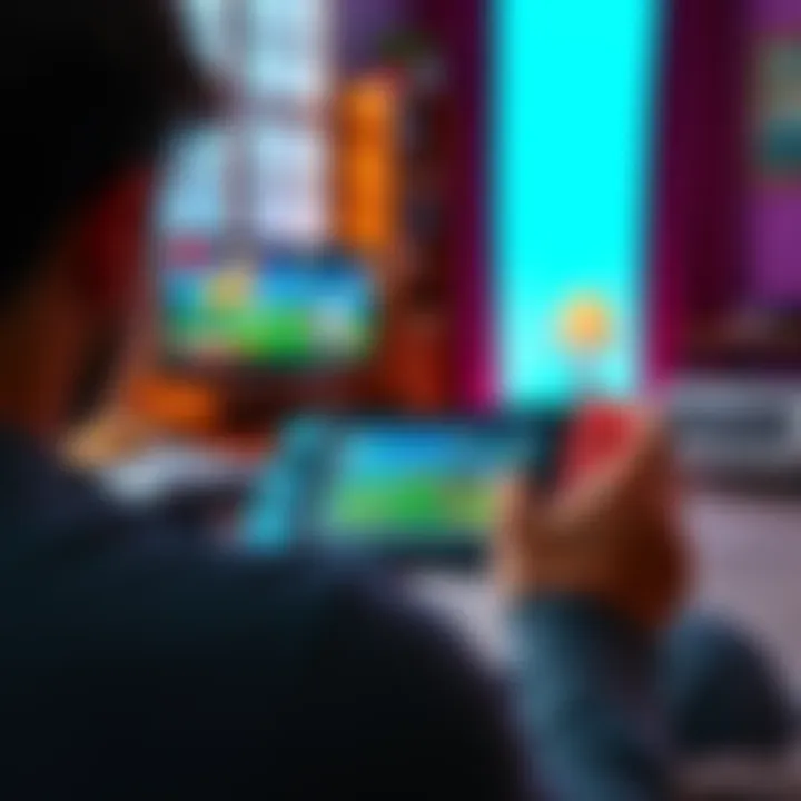 A person playing turn-based games on a Nintendo Switch, showcasing colorful game graphics on the screen, with a cozy gaming setup in the background.