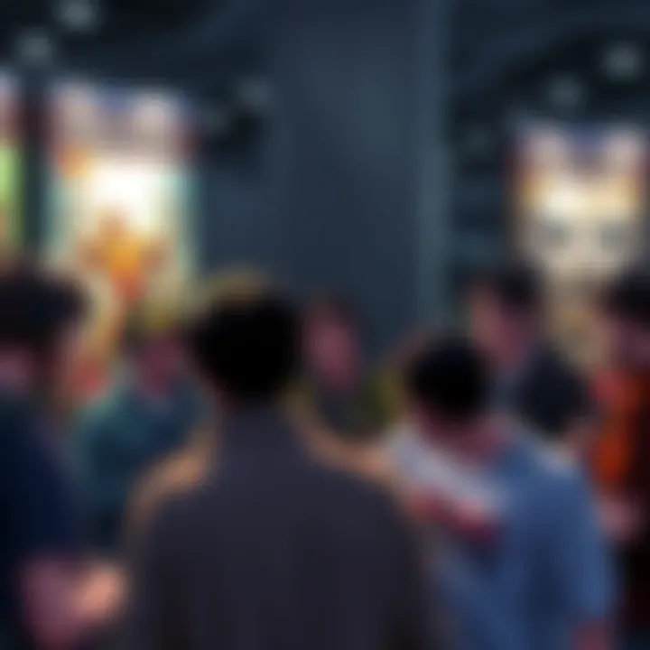 Turn-based game criticism A group of gamers discussing their dislike for turn-based games at a gaming convention, with posters of Metaphor and Expedition 33 in the background.