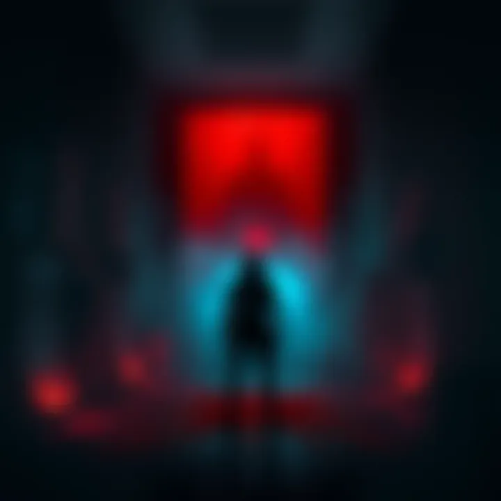 A dark room filled with eerie shadows, where a character in a tactical stance faces an unseen threat, with glowing elements hinting at a horror atmosphere.