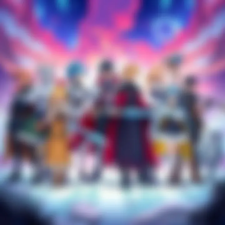 A group of diverse characters from turn-based RPGs standing together, showcasing their unique designs and abilities in a vibrant fantasy setting.