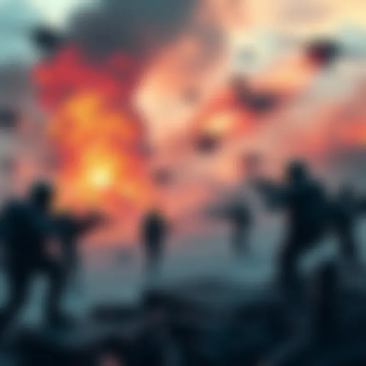 A strategic scene from a turn-based tactical game featuring futuristic soldiers and a war-torn battlefield