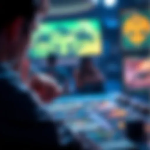 A player thoughtfully considering their next move in a trading card game, with visible cards and a game board in the background.