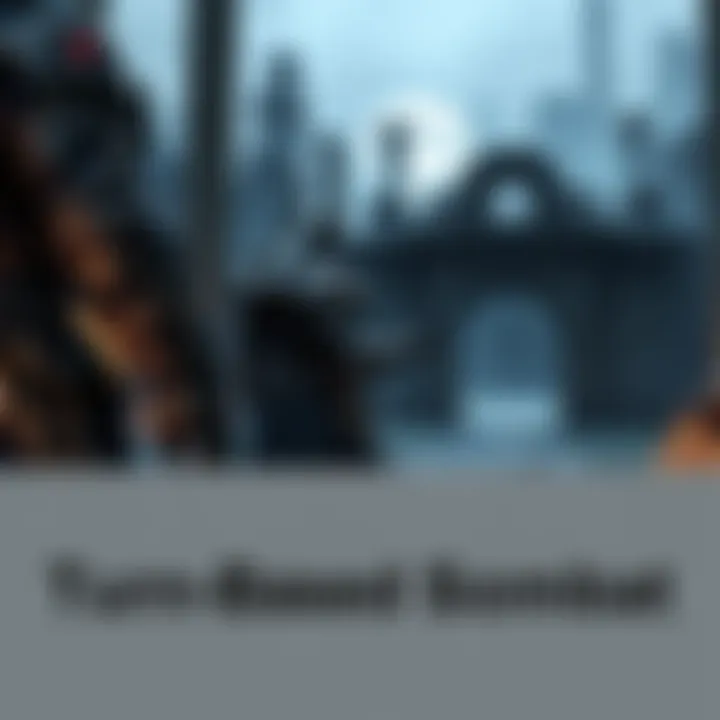 A character in a dark fantasy setting prepares for a turn-based battle, featuring intricate armor and a menacing weapon, with an eerie backdrop of ruins.