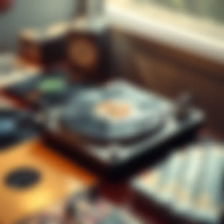 A classic turntable playing a vinyl record, surrounded by additional vinyl albums on a wooden table