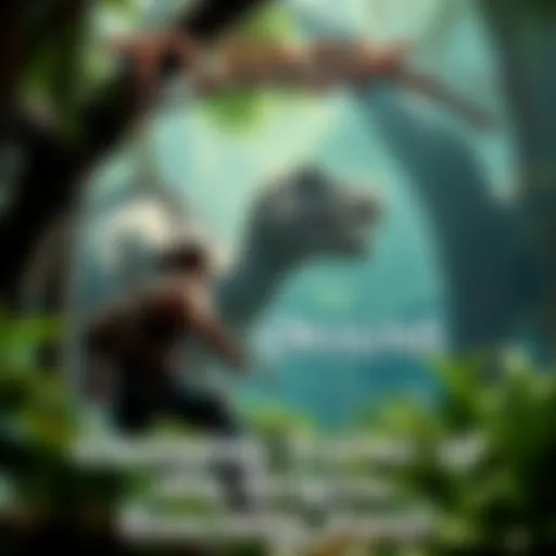 A scene from the gameplay trailer of Turok: Origins showing a character in a jungle environment, engaged in action with dinosaurs in the background.