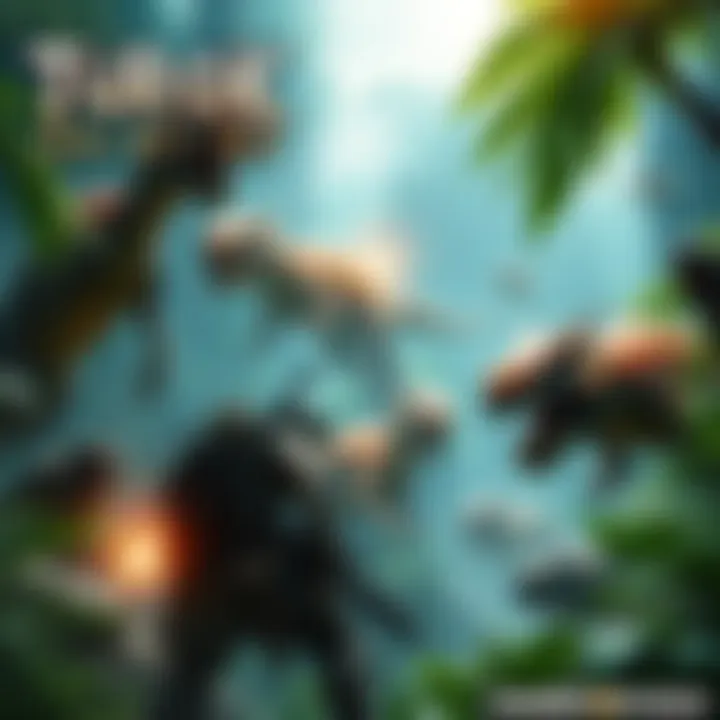 A scene from Turok: Origins showing a player in intense combat against dinosaurs and aliens, set in a vibrant jungle environment.