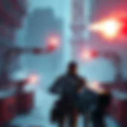 A player character cautiously avoiding turret fire in a game environment of Tower B, with visible turrets aiming at them.