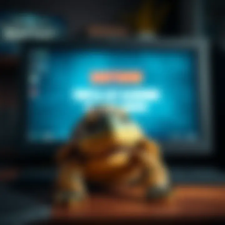 A turtle with a sad expression in front of a computer screen showing a shutdown message, symbolizing the closure of Turtle WoW server.