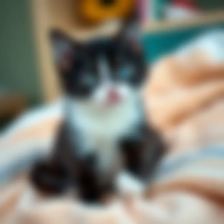 A playful tuxedo kitten with black and white fur sitting on a soft blanket, looking curiously at the camera.