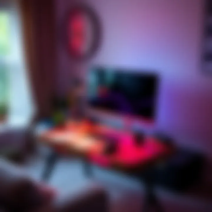 A portable TV tray table with a monitor setup in a cozy home environment