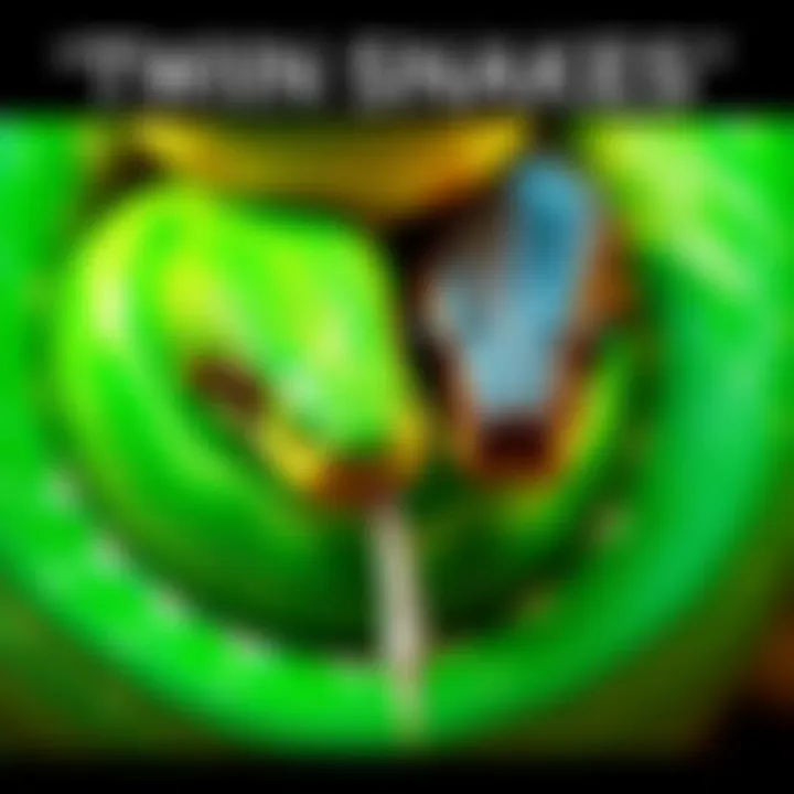 A close-up of two snakes entwined together, symbolizing the dual meanings behind the title 'Twin Snakes'. One snake is vibrant green and the other is a deeper shade, showing contrast.