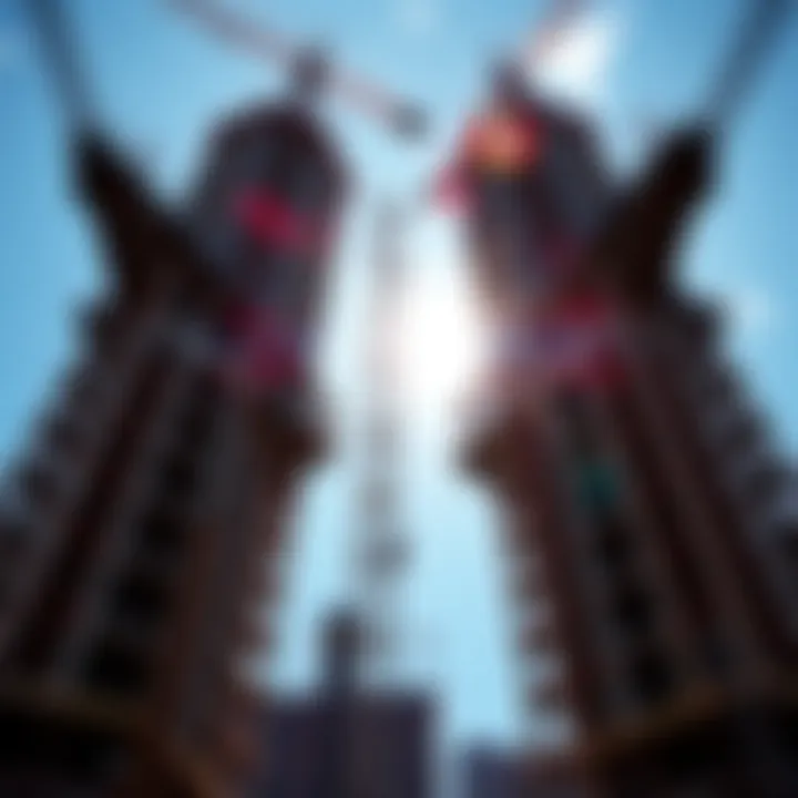 Twin Towers Construction Sunlight shining through the steel framework of the Twin Towers during construction