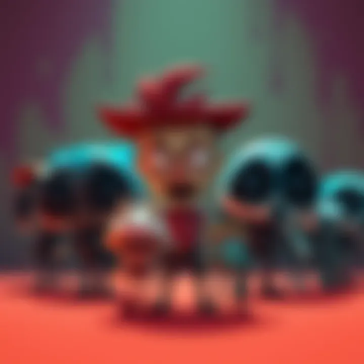 A collection of cartoonish game characters with dark expressions standing against a colorful background, hinting at their unsettling stories.