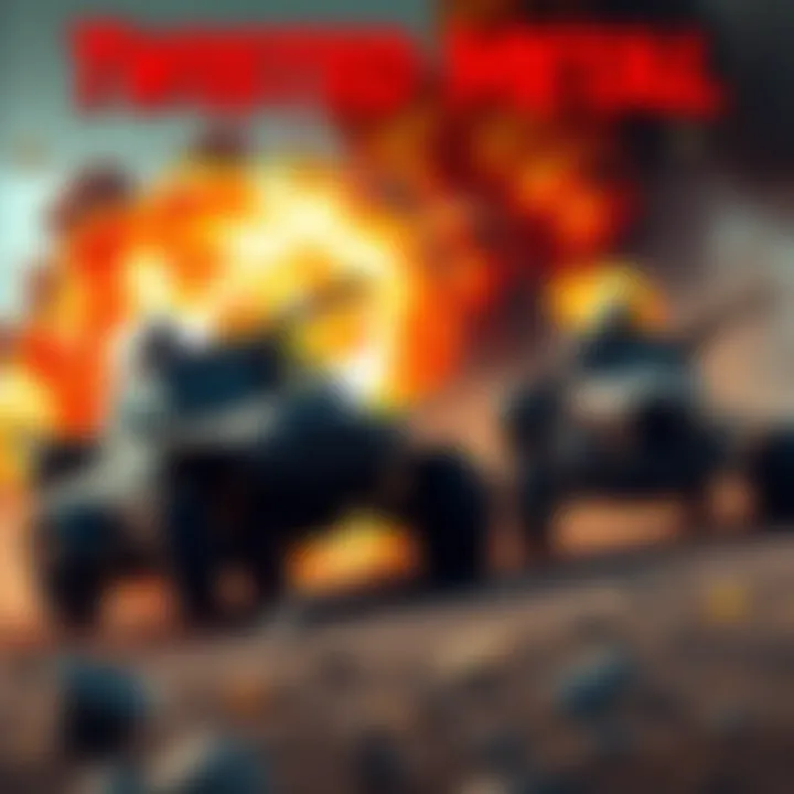 Two vehicles engaged in a fierce battle with explosions and debris around them.
