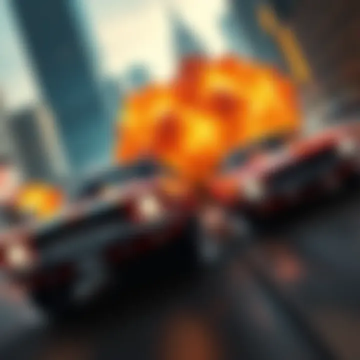 Two cars battle in a vibrant city setting with explosions and unique character designs from Twisted Metal 2.