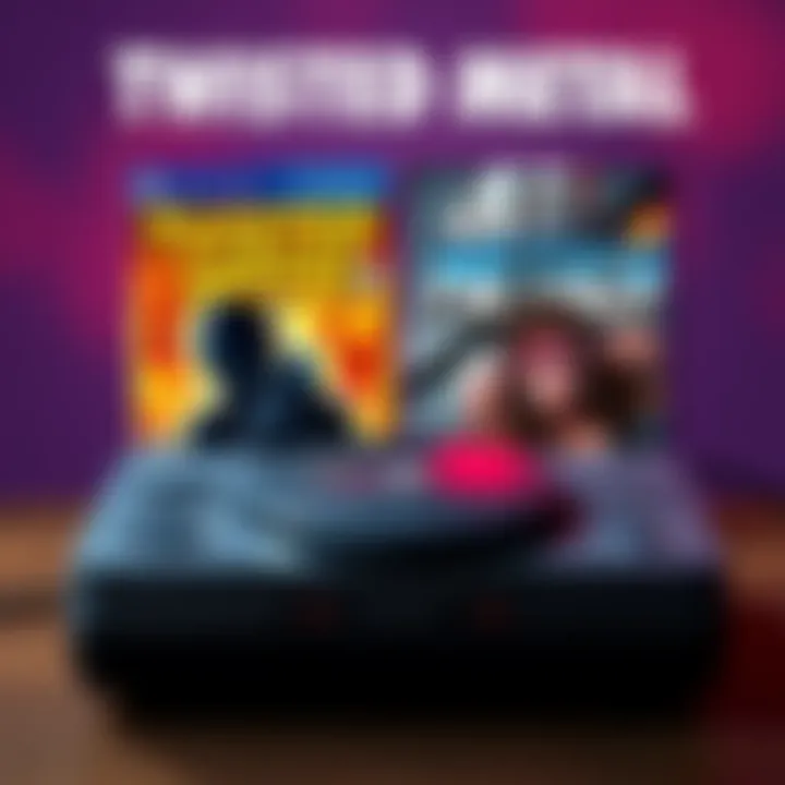 The covers of Twisted Metal 3 and 4 displayed together with a retro gaming console