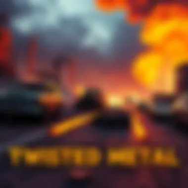 Art depicting a post-apocalyptic car battle scene with various custom vehicles and a fiery landscape