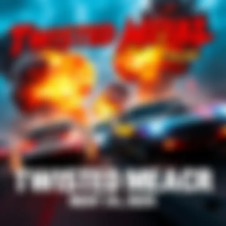 Twisted Metal Black Online Launch A thrilling scene from Twisted Metal Black Online showing intense car battles with explosive action and colorful graphics
