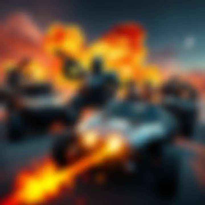 A scene showing various Twisted Metal vehicles equipped with powerful weapons in an action-packed environment