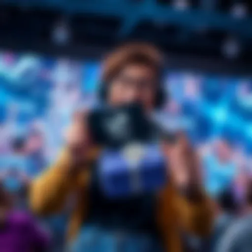A cheerful Twitch streamer holds up a $20 Steam gift card, encouraging viewers to join the giveaway. The background shows a lively chat on a live stream screen.