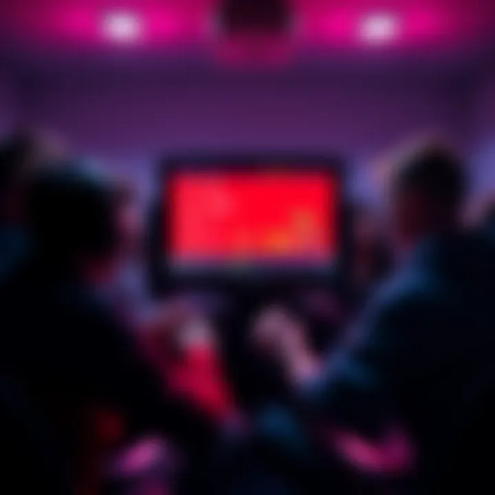 A group of people interacting through chat commands to control Pokémon Red on Twitch, showing a screen with game graphics and input commands like 'up', 'down', and 'A'.