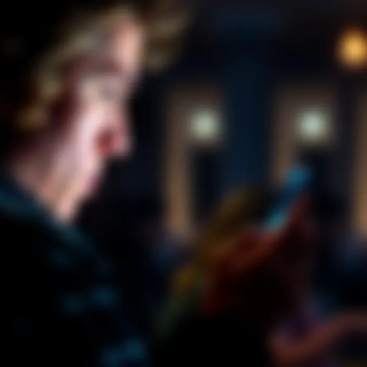 A person looking frustrated at their phone while scrolling through Twitter, with visible error messages on the screen.