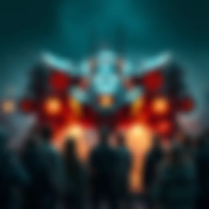 Two-Pilot Titan Concept A new titan concept designed for two pilots, showcasing advanced technology and potential modifications, surrounded by a group of interested people discussing ideas.