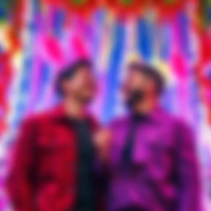 Two young men laughing together, surrounded by colorful decorations symbolizing pride and love, expressing deep admiration for each other.
