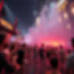 A scene showing two similar activities occurring simultaneously, with people engaging in both events, reflecting public reactions and interactions.