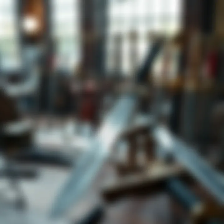 Two-handed sword display A display of various two-handed swords on a wooden table, showcasing their sizes and designs.