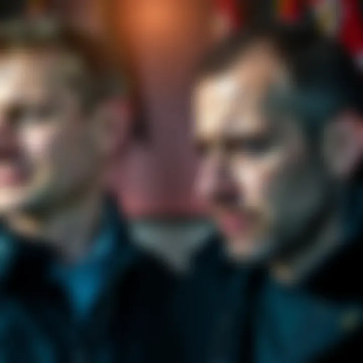 A Russian man on the left sharing his escape story while a Ukrainian man on the right expresses his fears about conflict, both showing deep emotions.