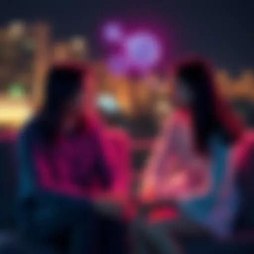 Two People Connecting Two people sitting together, sharing thoughts and ideas, with a visual representation of their thoughts merging.