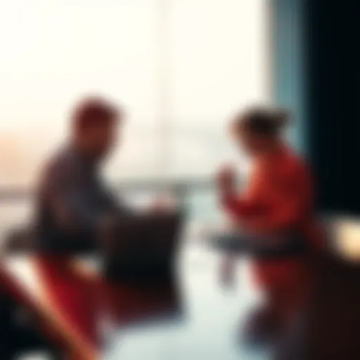 Two people sitting at a table, having a thoughtful discussion with notes and a laptop in front of them.