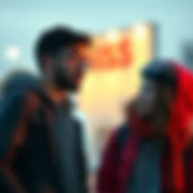 Two individuals looking surprised as they stand close to each other without noticing.